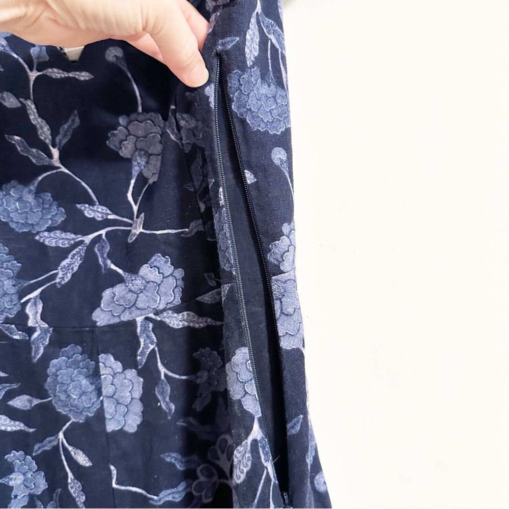 GAP Linen Navy Floral Feminine Flirty Blue Midi Summer Dress - Picture 5 of 10